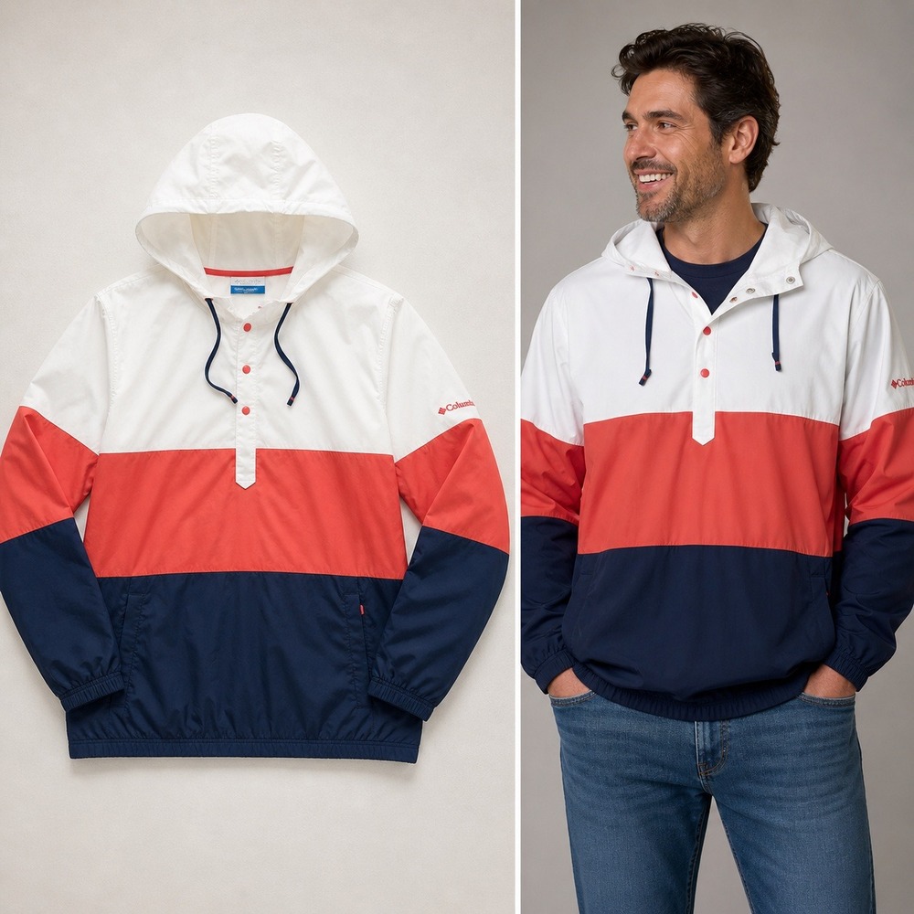 Columbia PFG Mens XL Windbreaker Anorak Jacket Colorblock White Red Navy 720